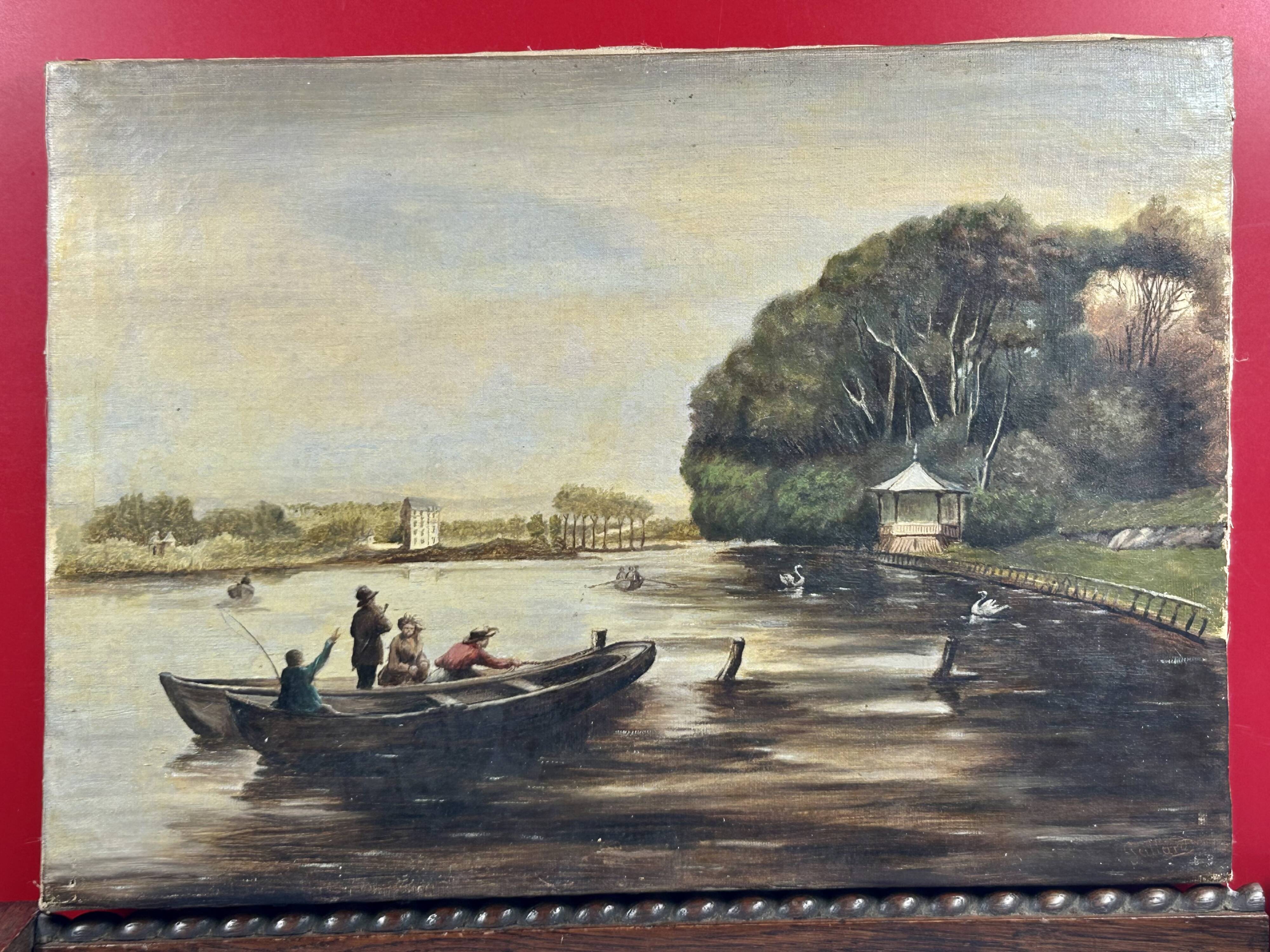 Oil on canvas "Animated lake landscape" work signed Gallard circa 1893