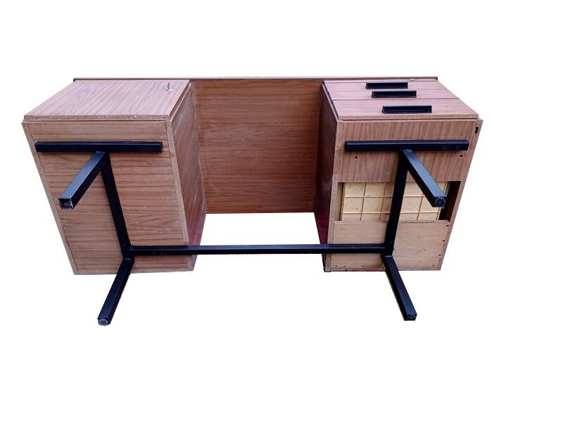Modernist desk with double drawers in formica and metal, 1960.