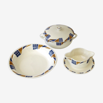 Soupière plat rond et saucière - décor congo - porcelaine badonviller france