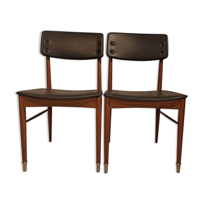Paire de chaises style scandinave vintage années 1960 bois et skaï noir