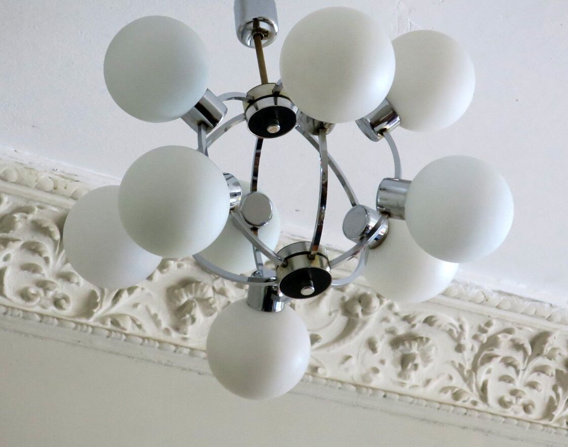 Mid century chandelier with 9 radiating milk glass globes 1970s