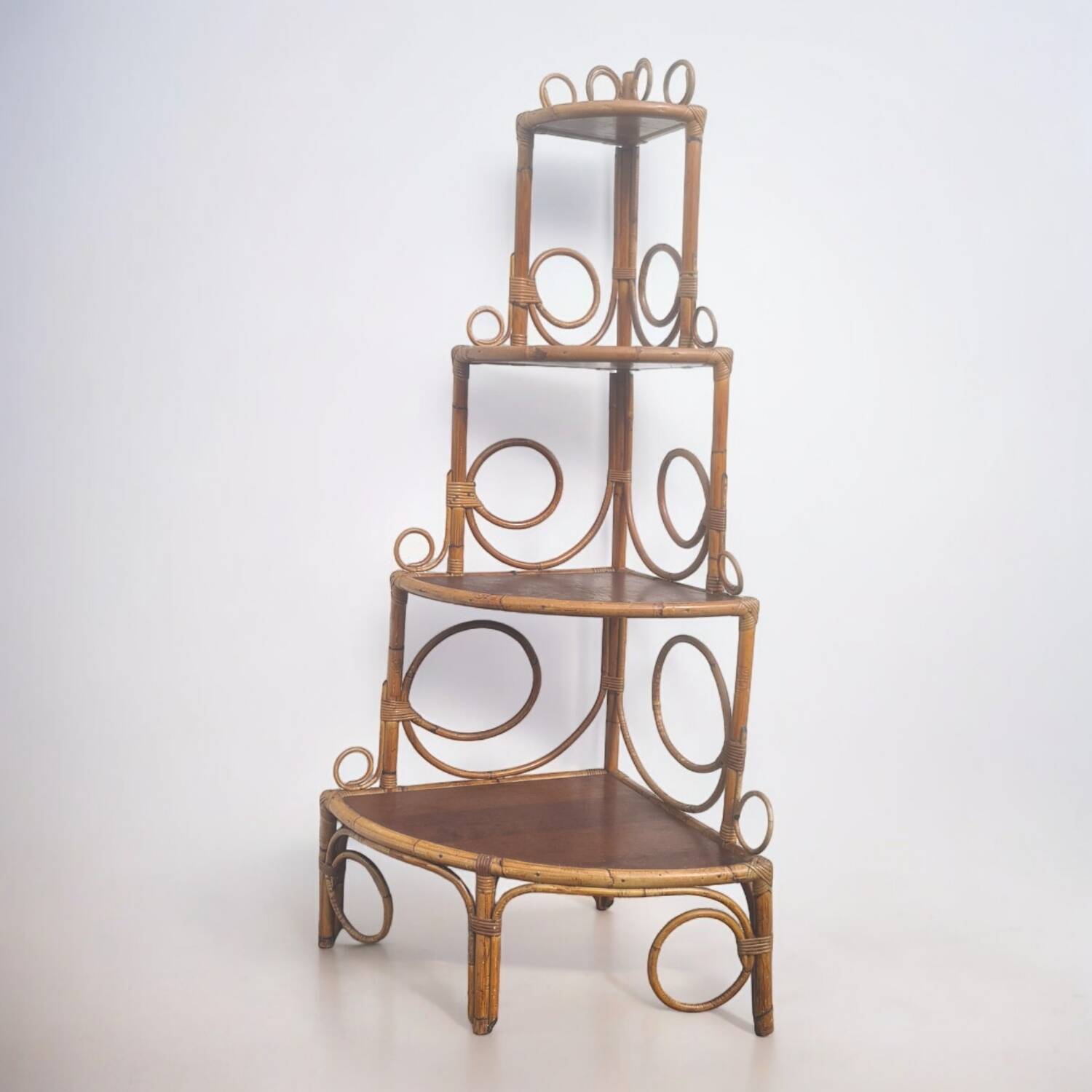 Vintage 1960s bamboo rattan corner shelf bookcase (peacock / Emmanuelle)