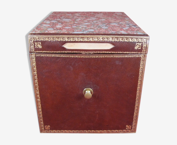 Ancienne boîte d'archives de notaire en bois & cuir , Meuble de bureau début XX ème