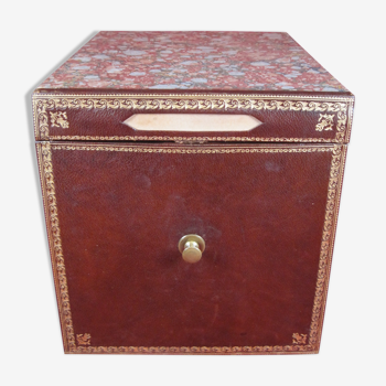 Old notary archive box in wood & leather, Office furniture early XX th