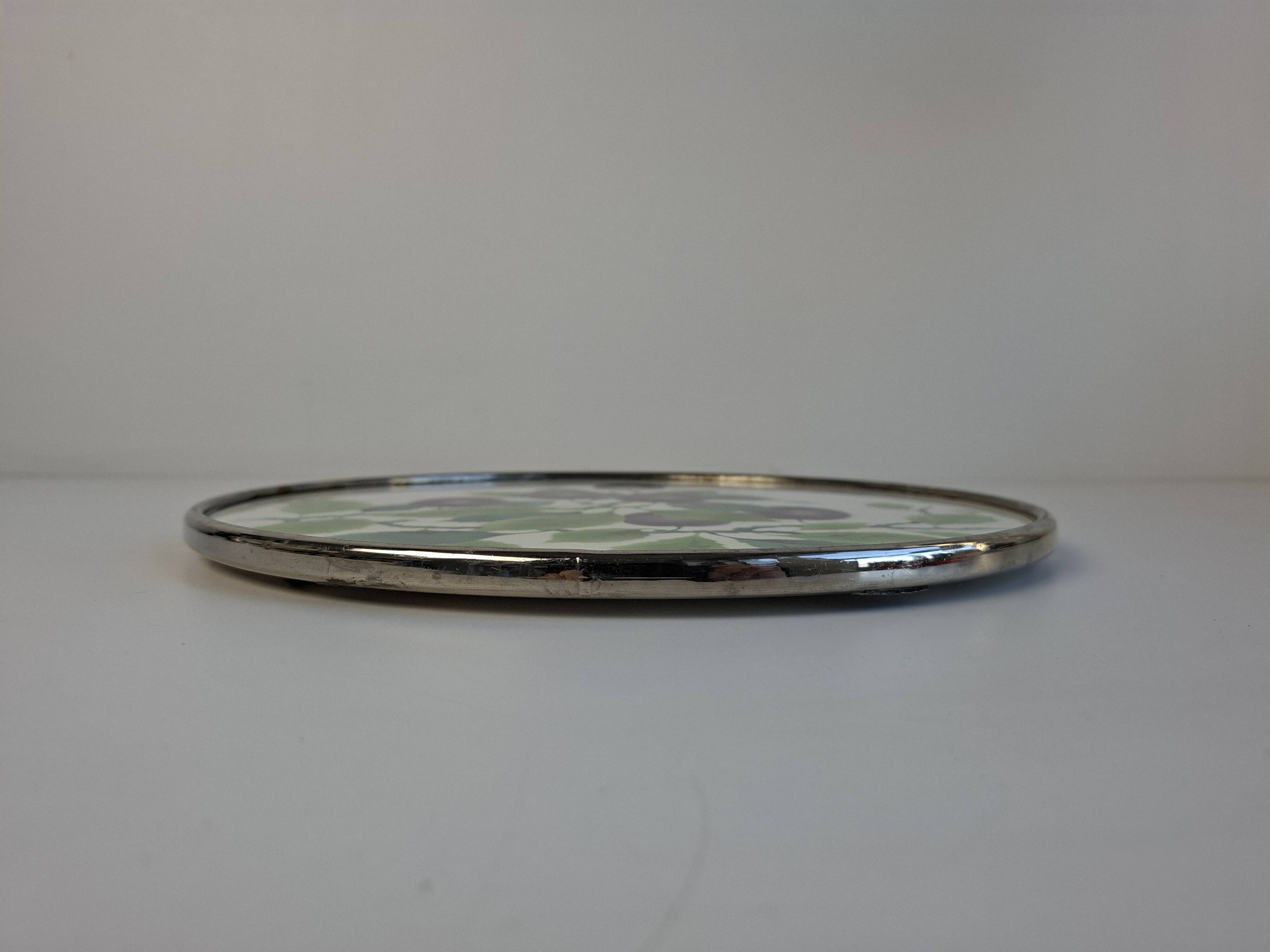 Czechoslovak Art Deco Porcelain Tray with Plum Motif and Metal Rim, 1930s
