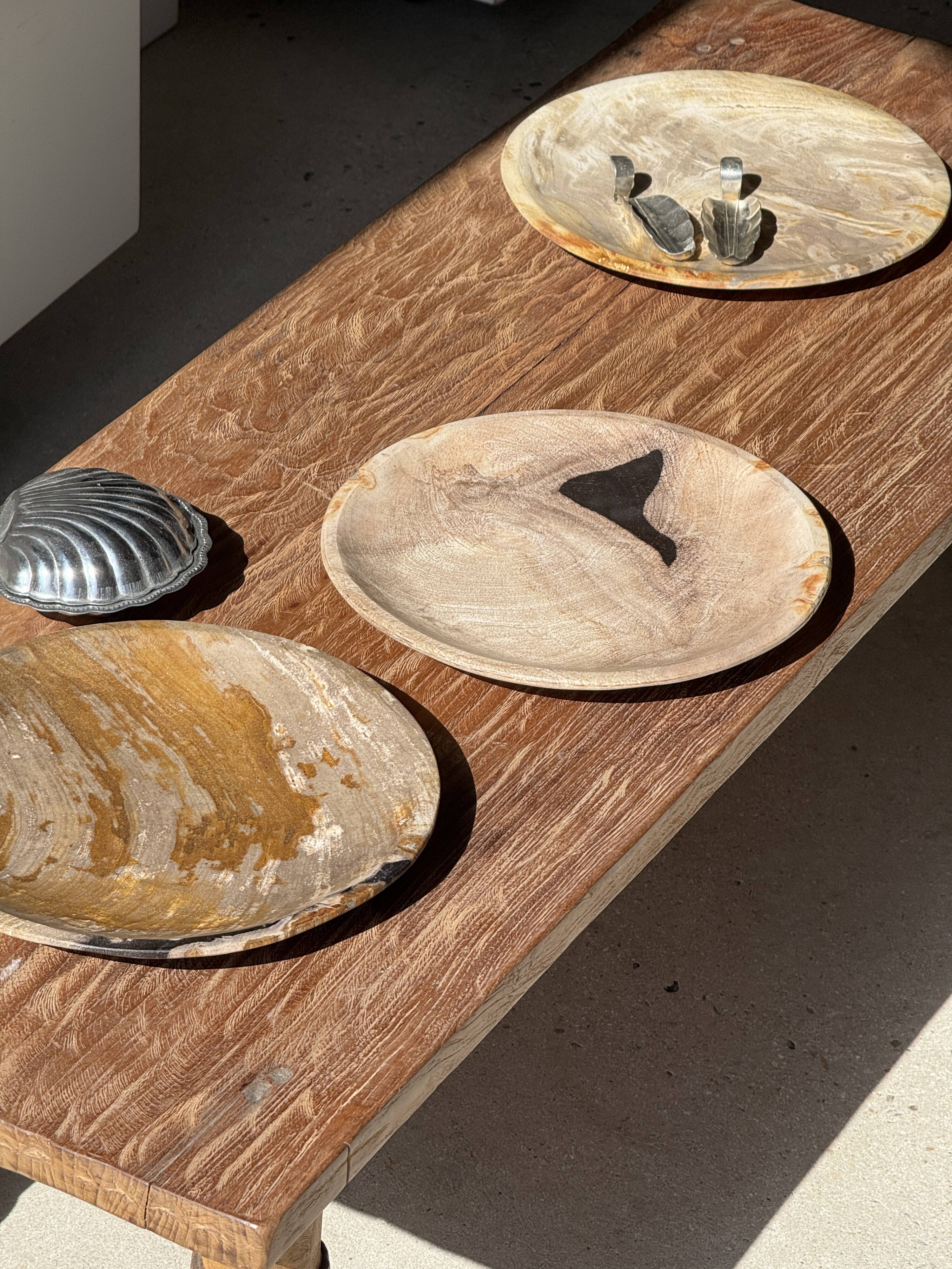 Vide poche, plat ou assiette circulaire en bois pétrifié beige tache noire