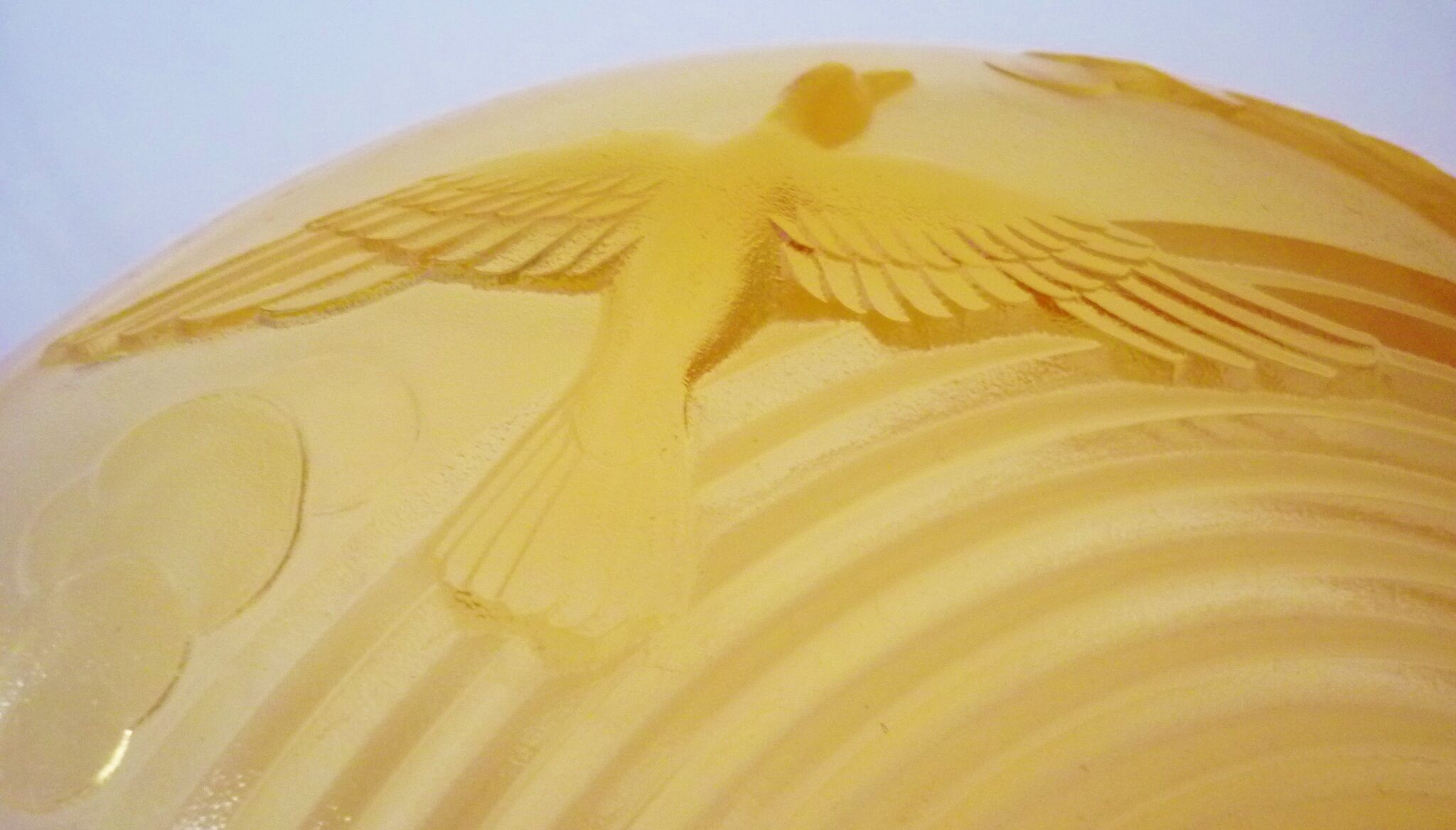 Cup, art deco centerpiece, 1930, pressed glass, molded, signed A.Miguel, albatross