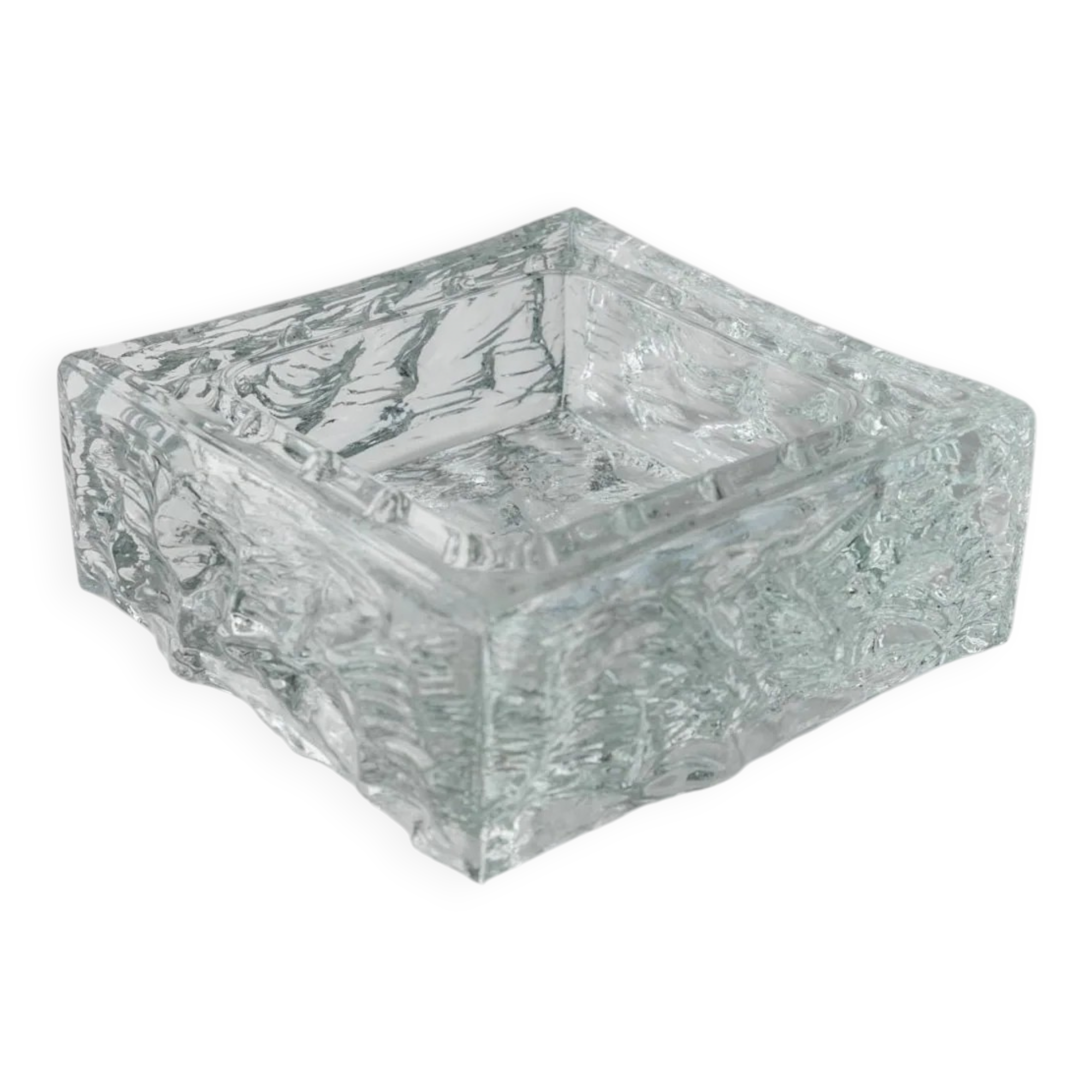 Large Vintage Murano Glass Ashtray - Transparent Glass with Ice Texture, Italian 1970s Design