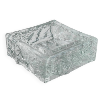 Large Vintage Murano Glass Ashtray - Transparent Glass with Ice Texture, Italian 1970s Design