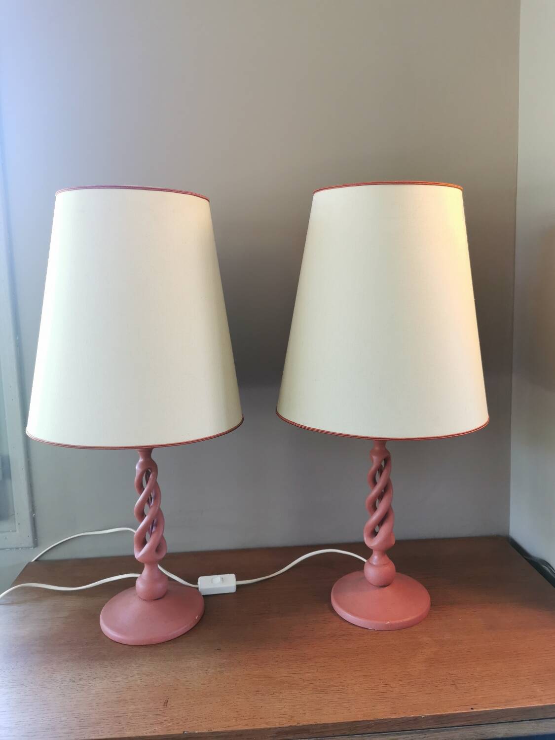 Pair of vintage twisted wood lamps