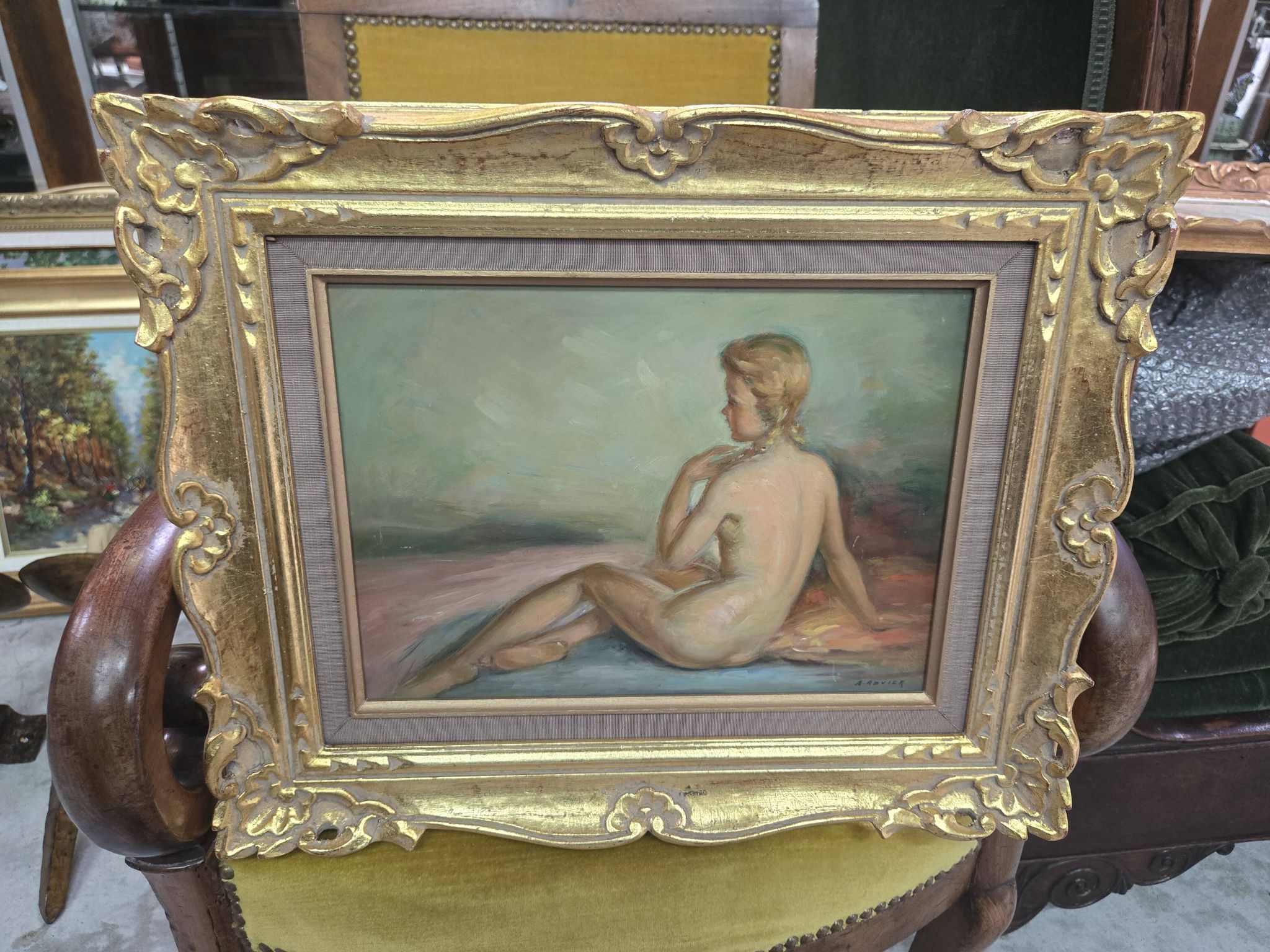 A Boyer: Oil on panel depicting a seated female nude from behind.