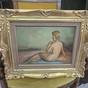 A Boyer: Oil on panel depicting a seated female nude from behind.