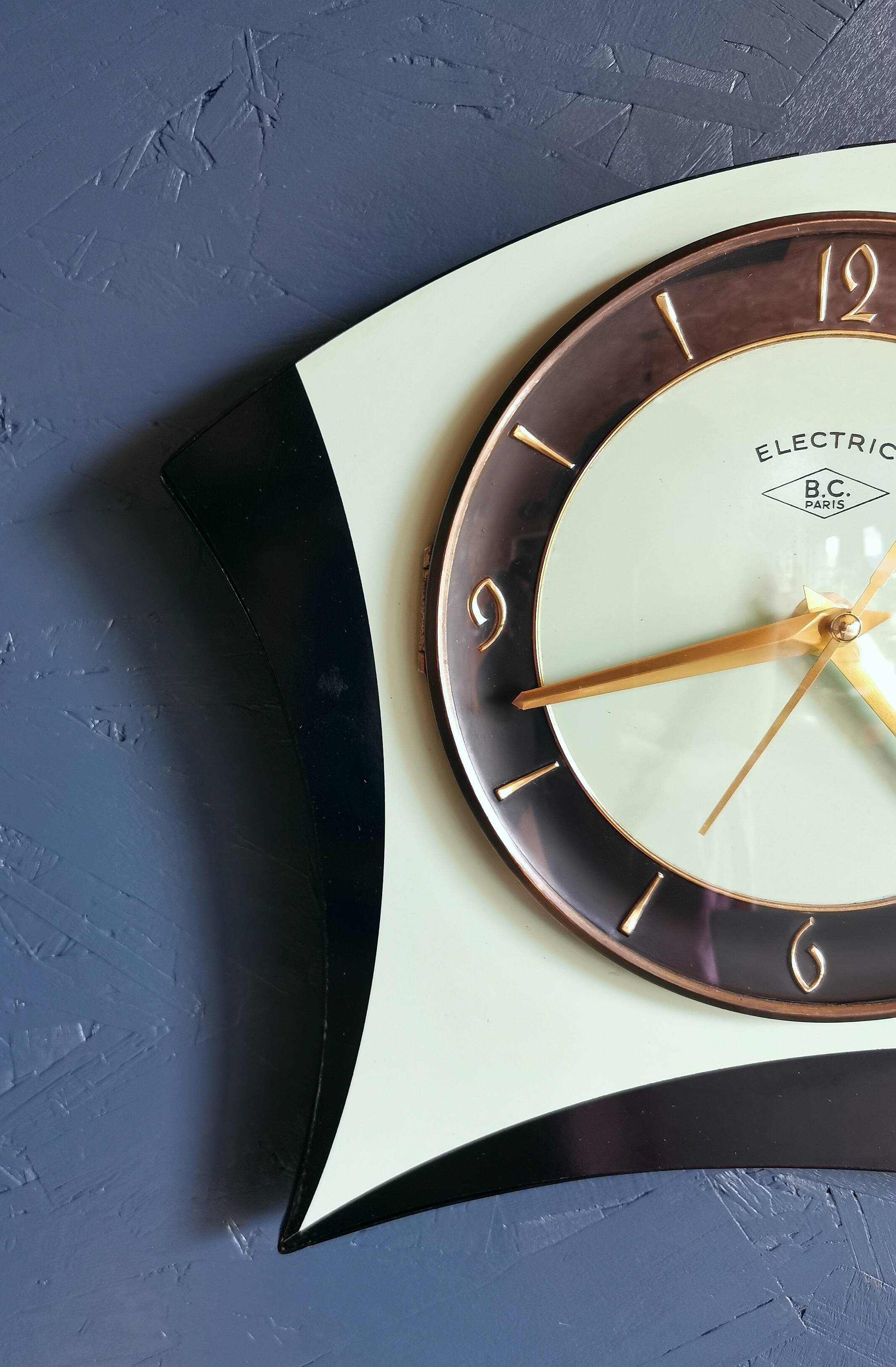Vintage formica clock asymmetrical silent wall clock "BC Paris electric black green"