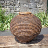 Old basket with lid, burgundy straw and bramble, woven basket, interior decoration