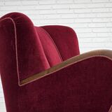 1950s, Danish relax armchair, cherry-red furniture velour, dark beech wood.