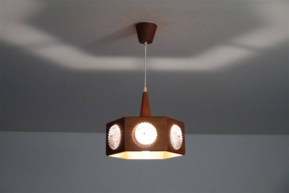 Vintage Scandinavian teak and glass pendant light 1960