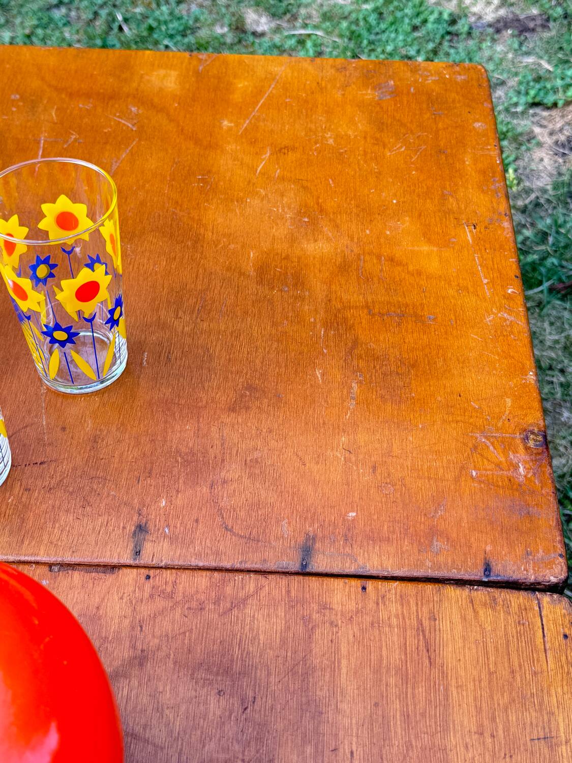 Old suitcase, table and stools, vintage wooden picnic