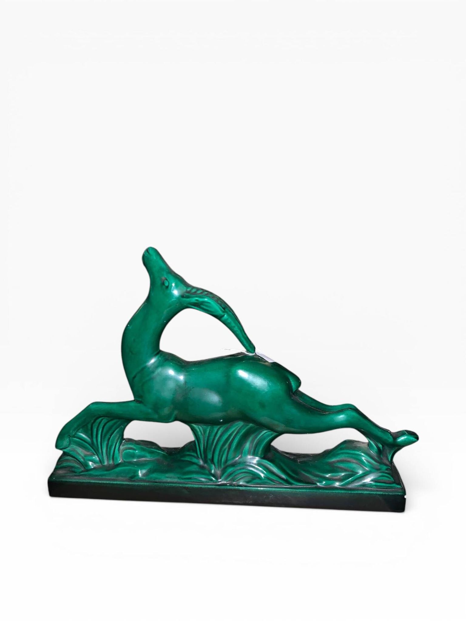 Art Deco Sculpture Gazelle in Faience - Saint-Clément - Emerald Green