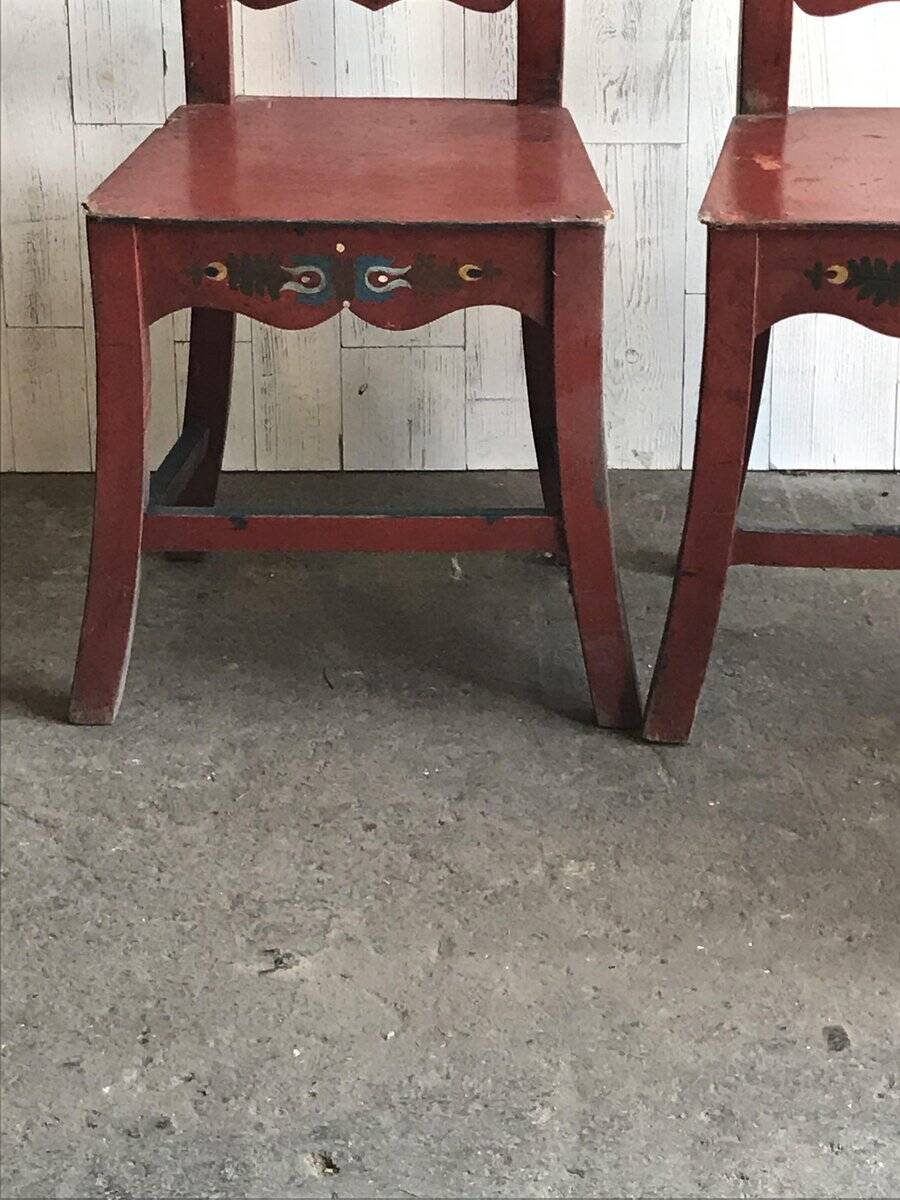 Lot de 4 chaises anciennes en bois peint marron pour salle à manger, décor floral peint main