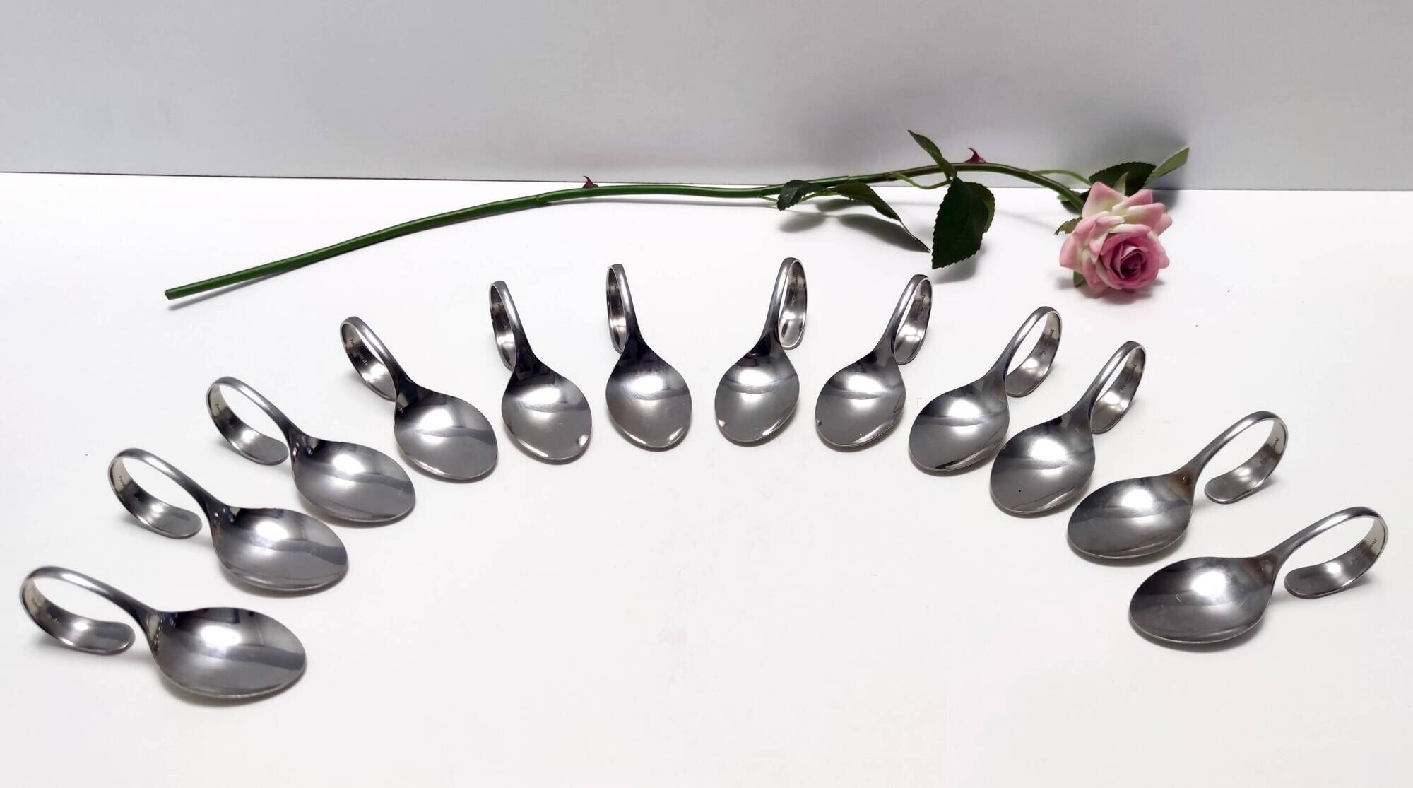 Postmodern Set of Twelve Steel Serving Spoon by Pinti, Italy, 1980s