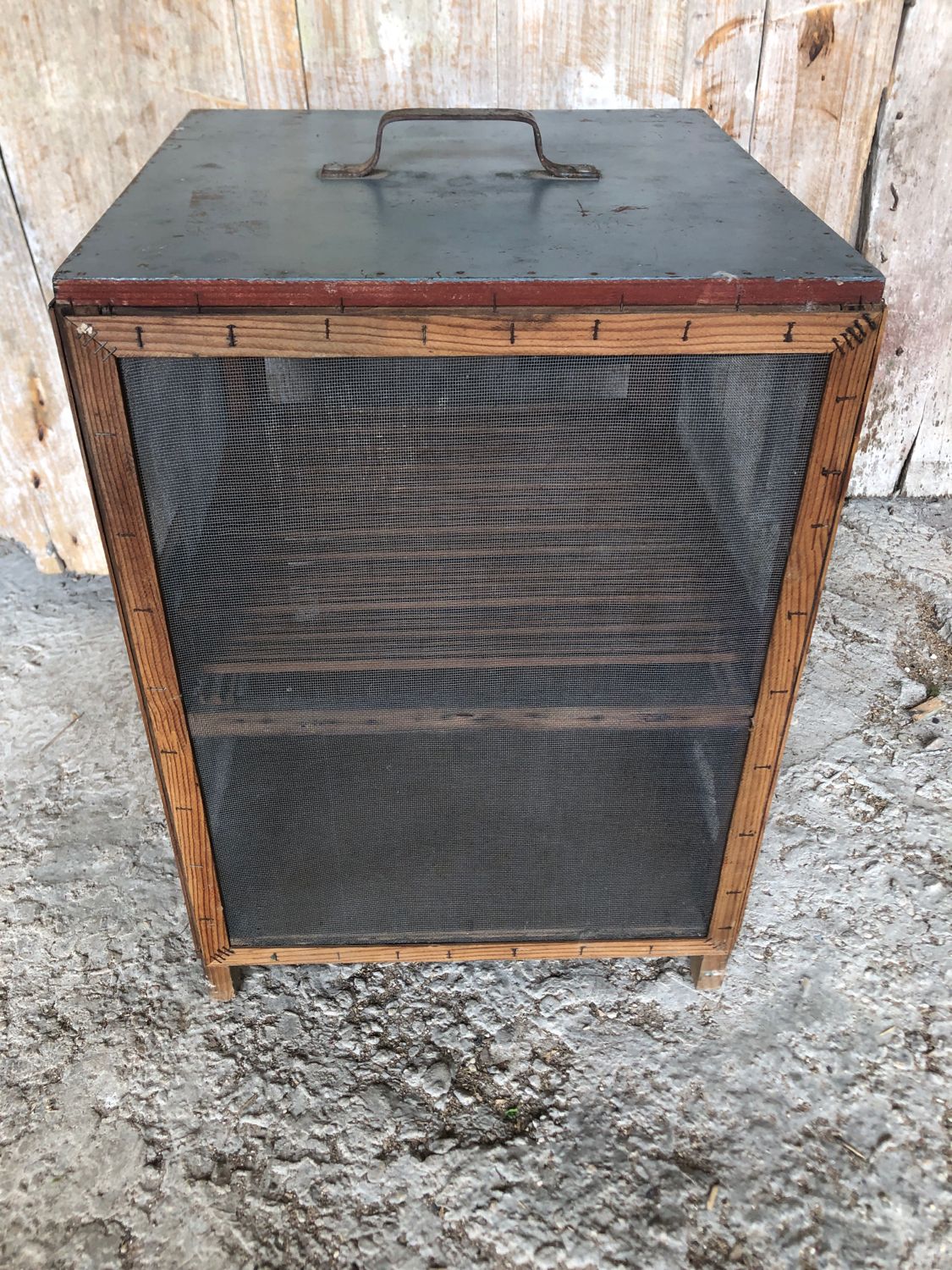 Old wooden pantry cabinet and mesh & vintage metal handle