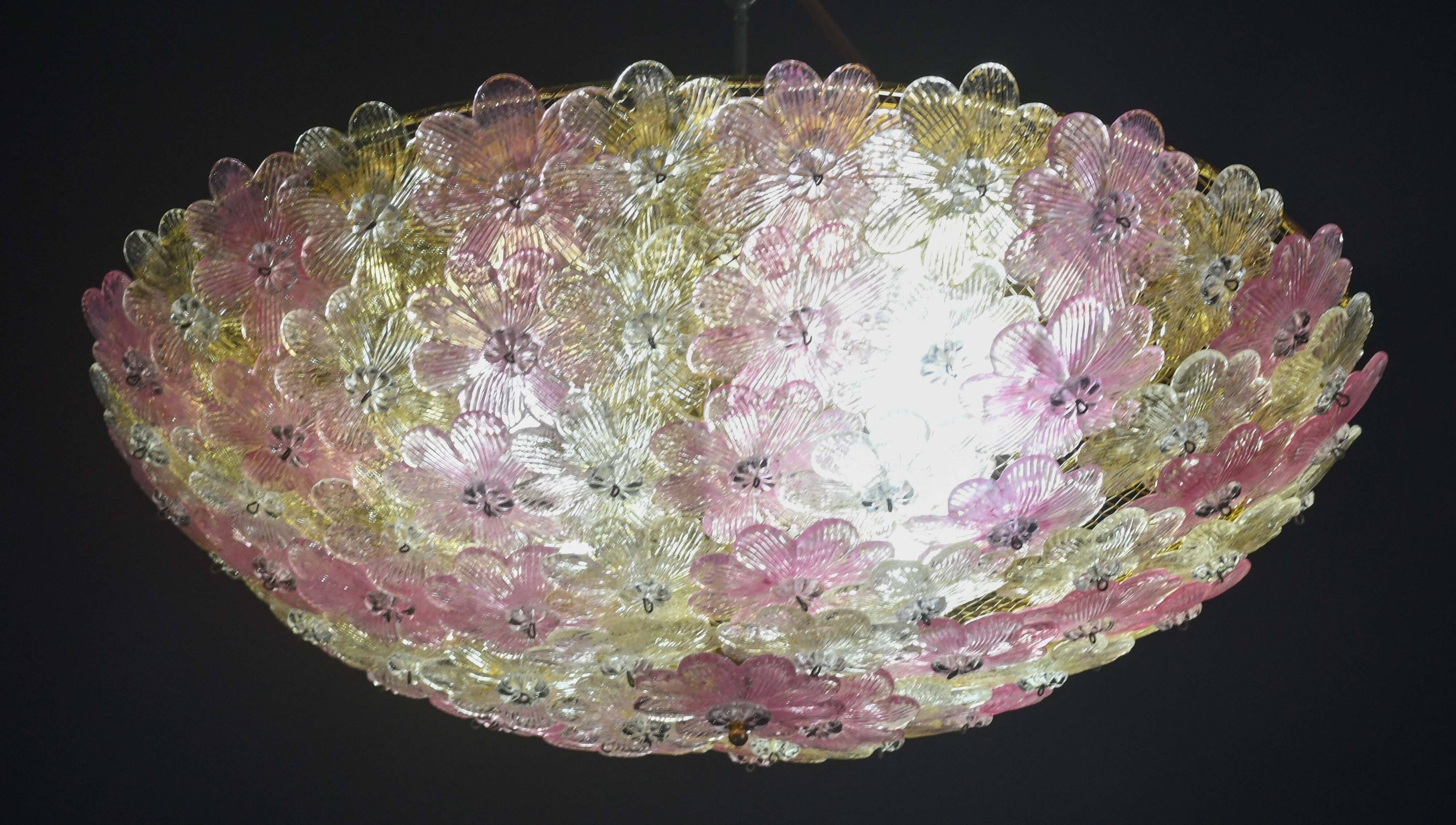 Amazing Pink and Gold Large Size Murano Ceiling Light Flower by Seguso