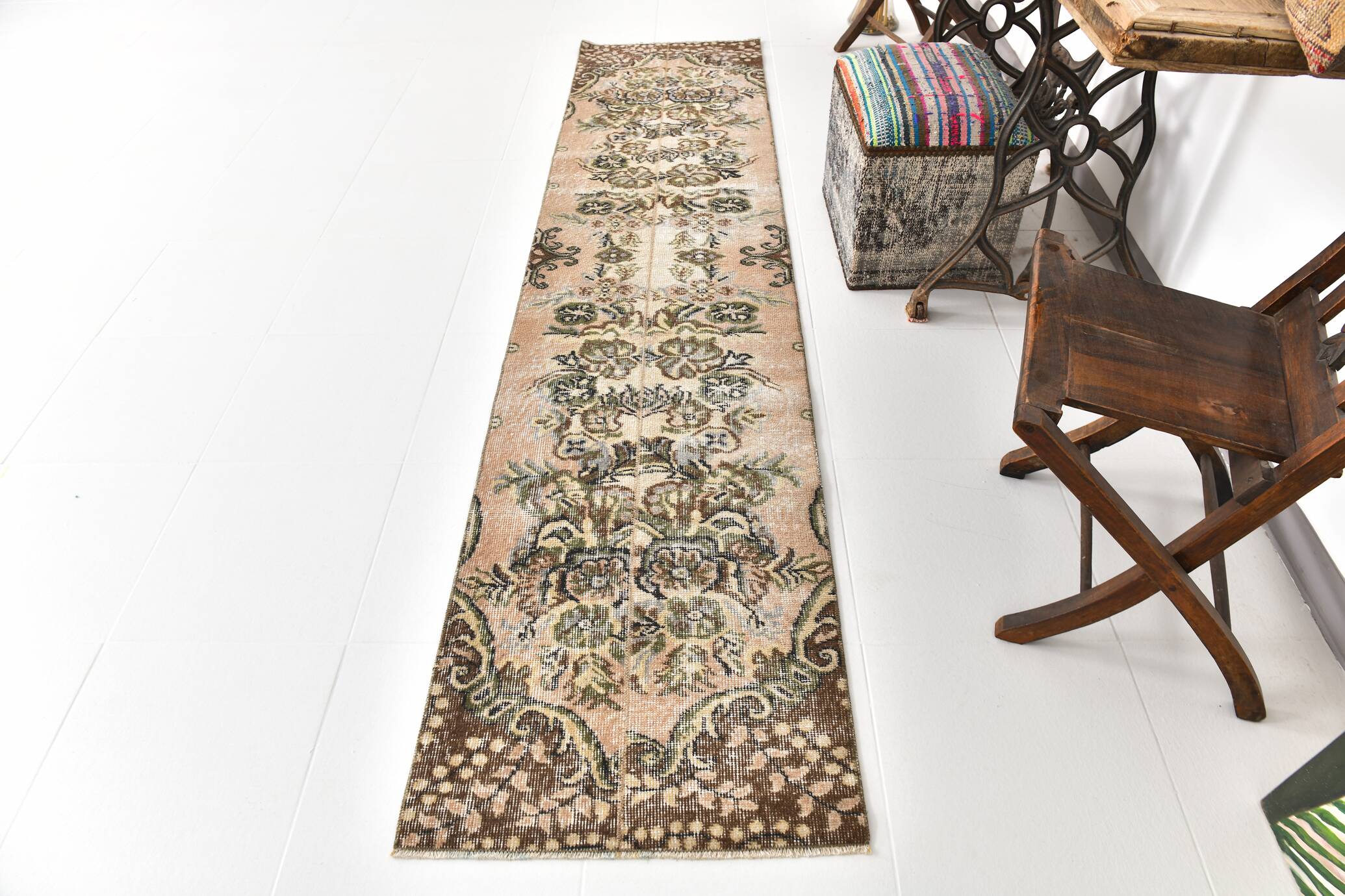 2x9 Rug For Floral Green Turkish Vintage Runner Rug, 64x279Cm SKU 24965