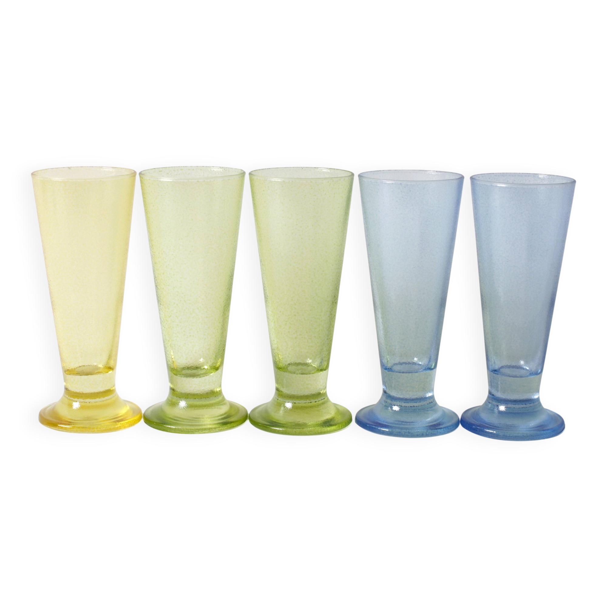 Set of 5 Colorful Yellow, Green and Blue Water Tumblers / Turkey / 2000s