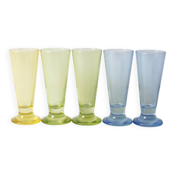 Set of 5 Colorful Yellow, Green and Blue Water Tumblers / Turkey / 2000s
