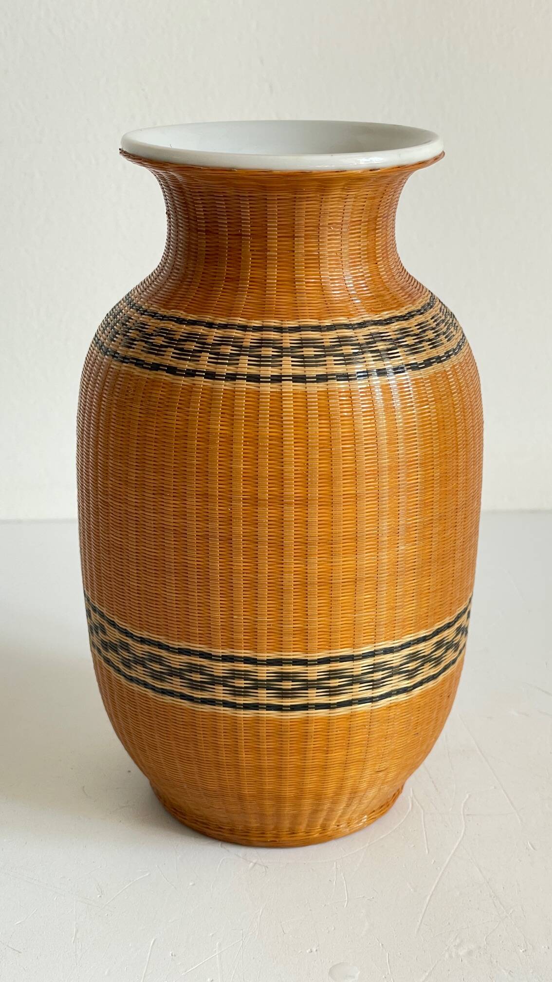 VINTAGE Woven Bamboo and Fine Porcelain VASE