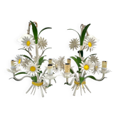 Paire de Lustres florentins tôle Marguerites vintage Masca / suspension métal bouquet fleurs champêtres midcentury italien