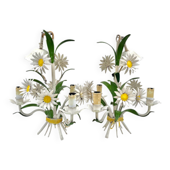 Pair of Florentine Chandeliers Sheet Metal Marguerites Vintage Masca / Metal Suspension Bouquet Country Flowers Midcentury Italian