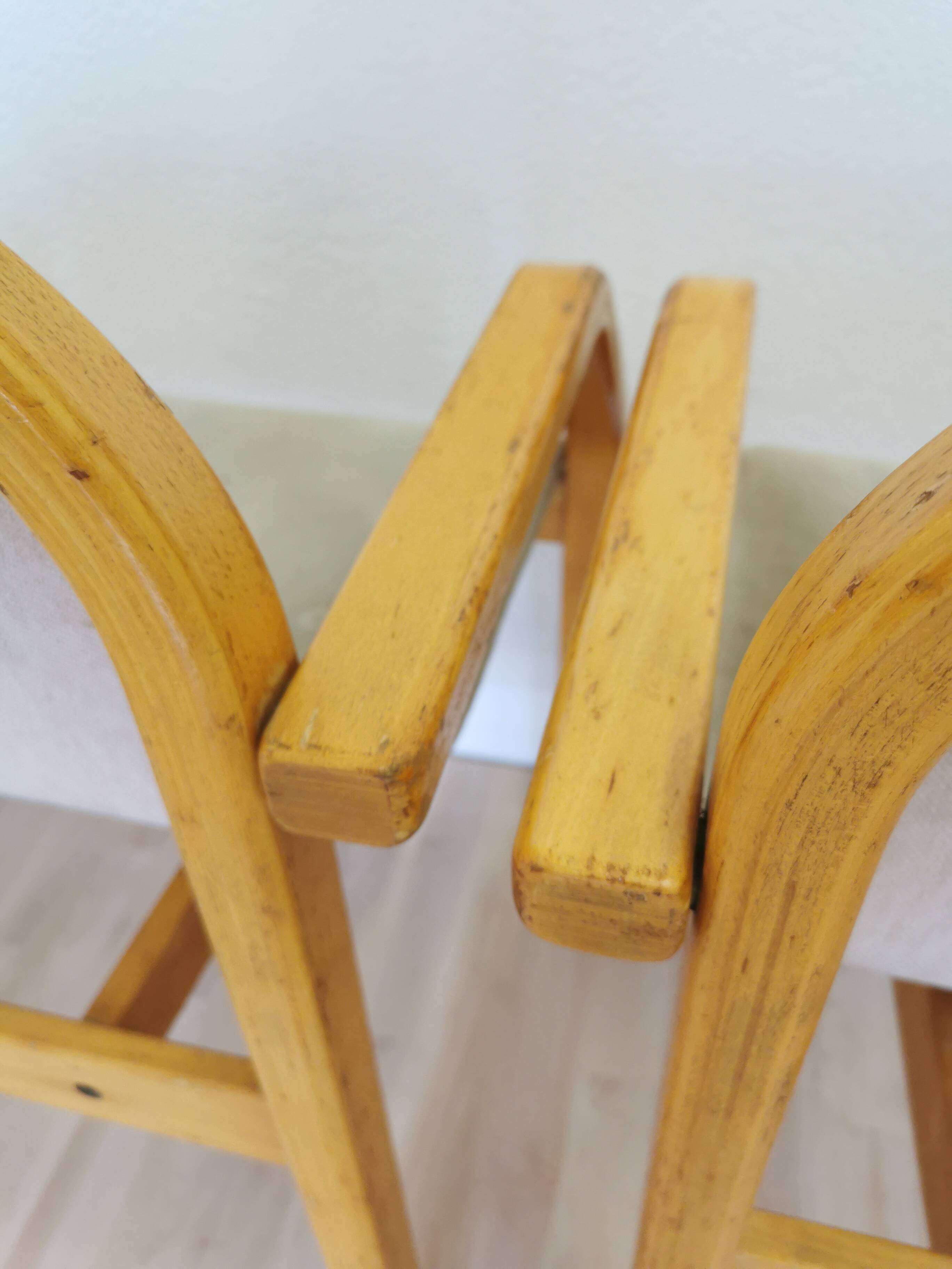 Set of 4 Vintage Beech Wood Dining Chairs: 1970s Space Age Gray Fabric