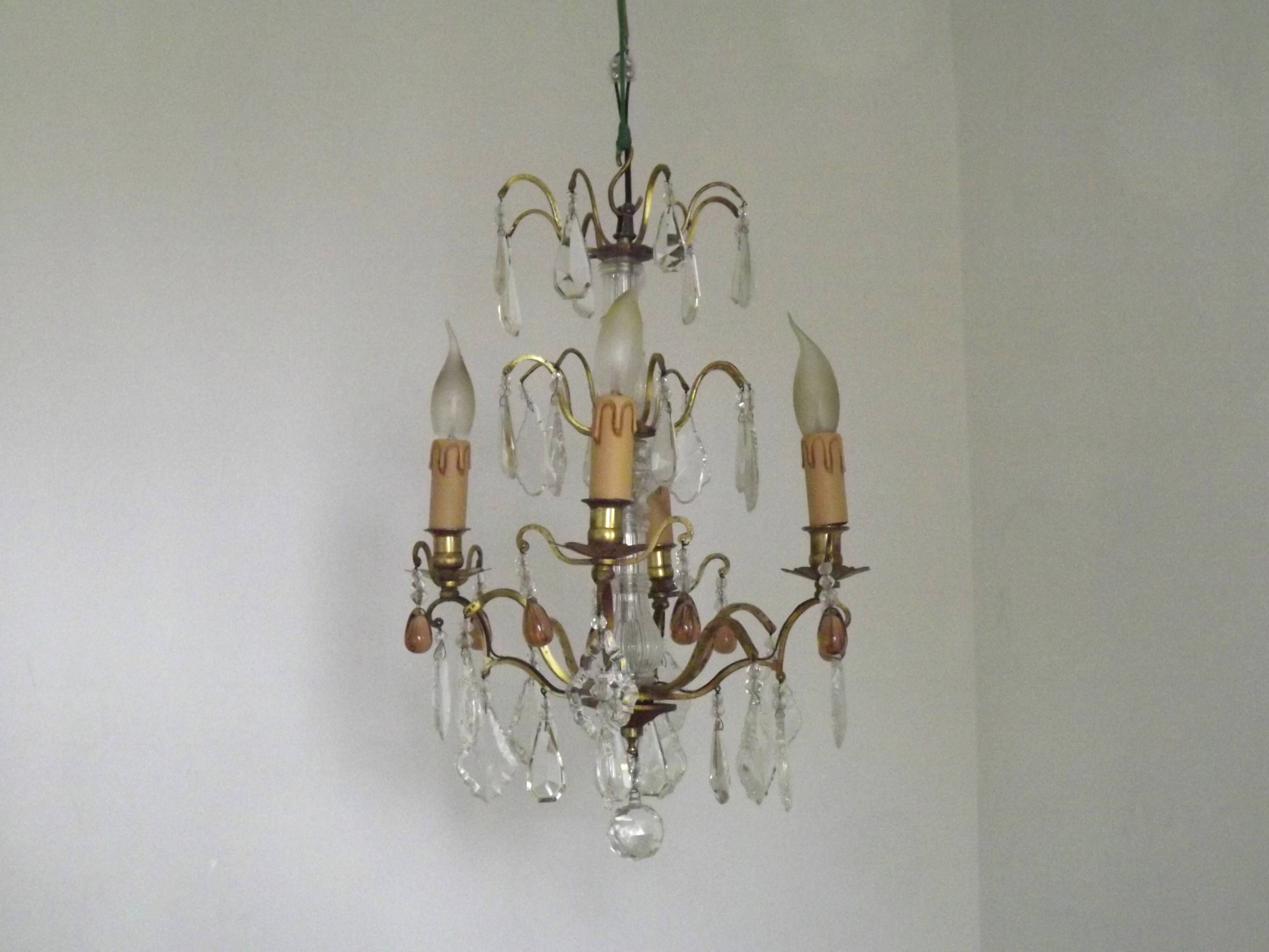 French vintage brass glass crystal 4 light chandelier with Murano droplets 4991