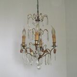 French vintage brass glass crystal 4 light chandelier with Murano droplets 4991