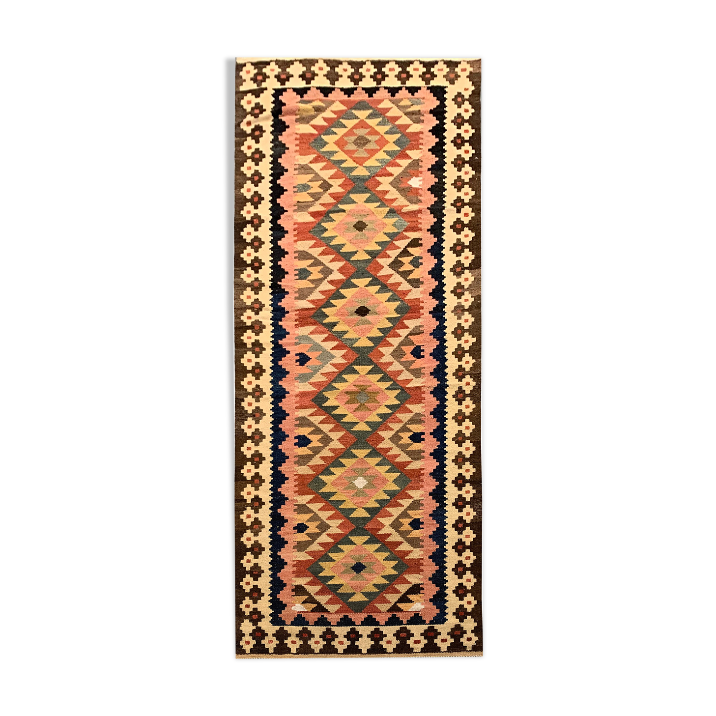 Traditional afghan kilim rug oriental pink green wool rug 100x279cm