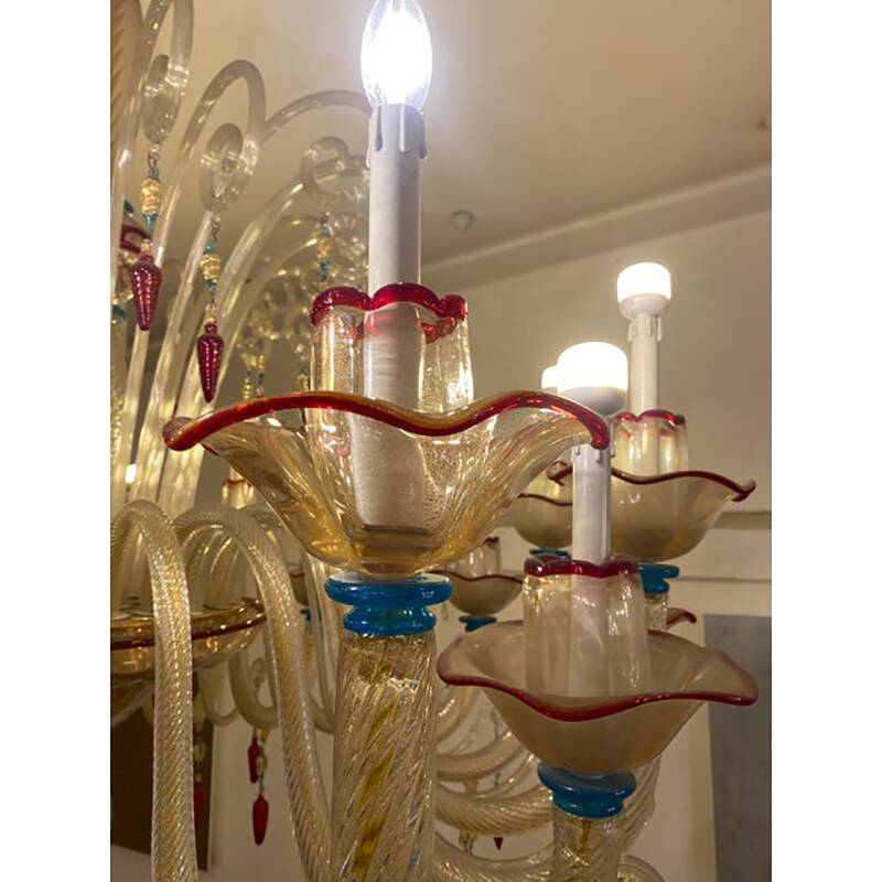 1970s Italian Chandelier Style Murano Glass Multicolors With Flowers