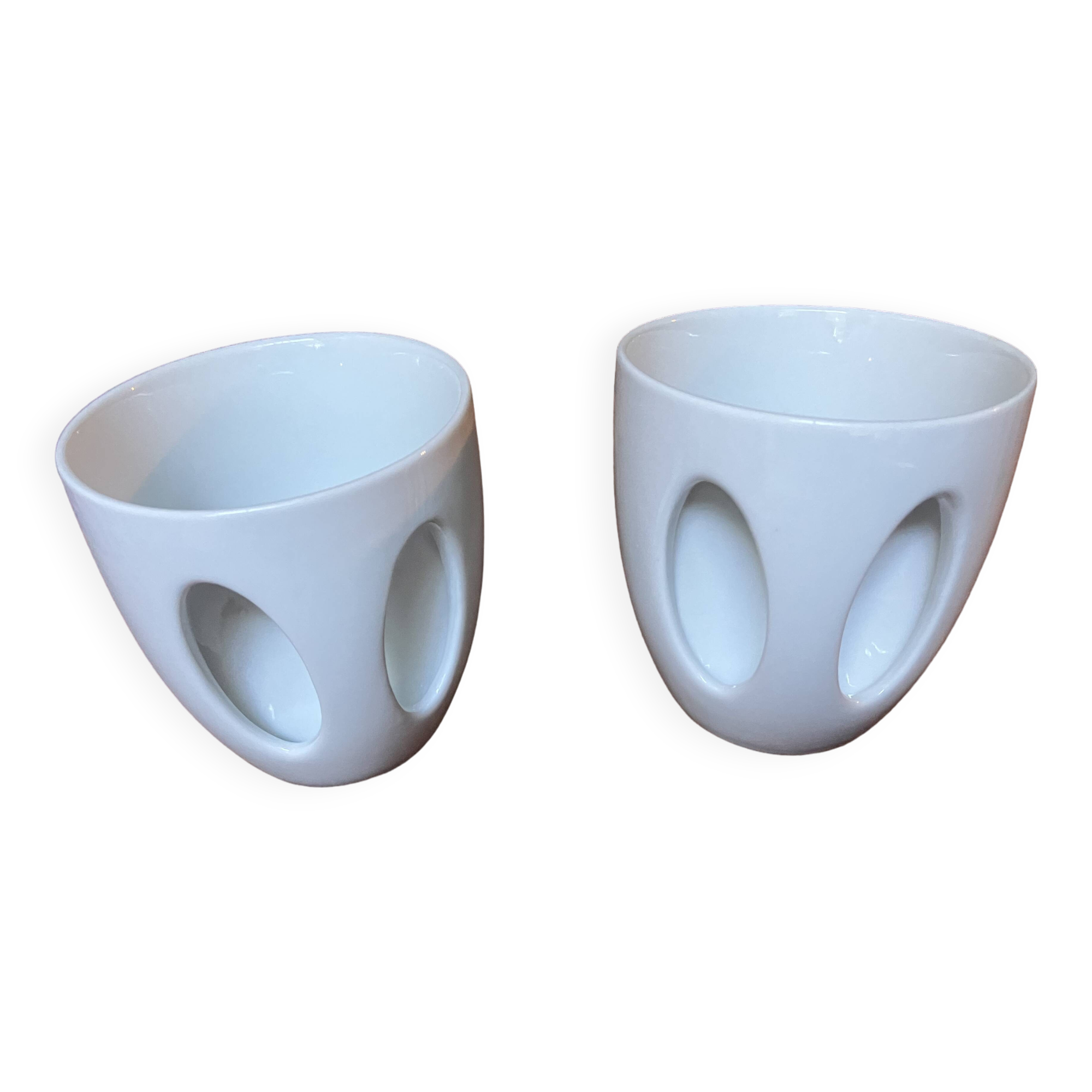 Paire mugs blancs faïence porte cuillère moderne rare
