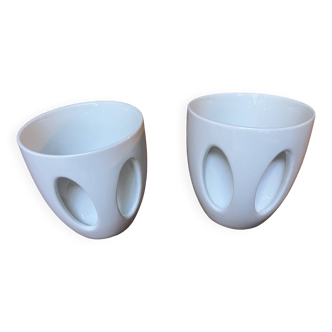 Paire mugs blancs faïence porte cuillère moderne rare