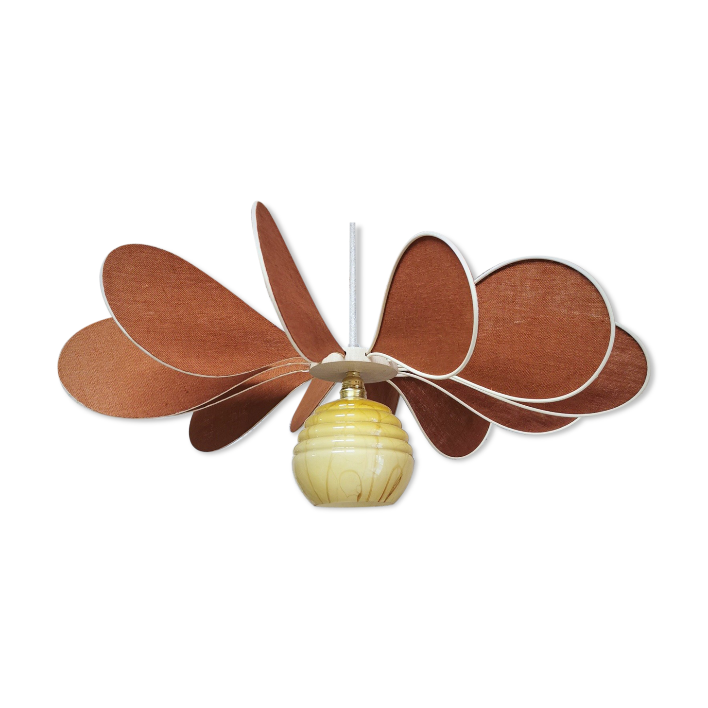 Pendant light flower 12 blades linen, rattan and vintage globe
