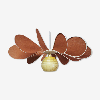 Pendant light flower 12 blades linen, rattan and vintage globe