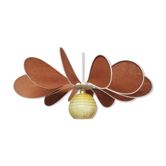 Pendant light flower 12 blades linen, rattan and vintage globe