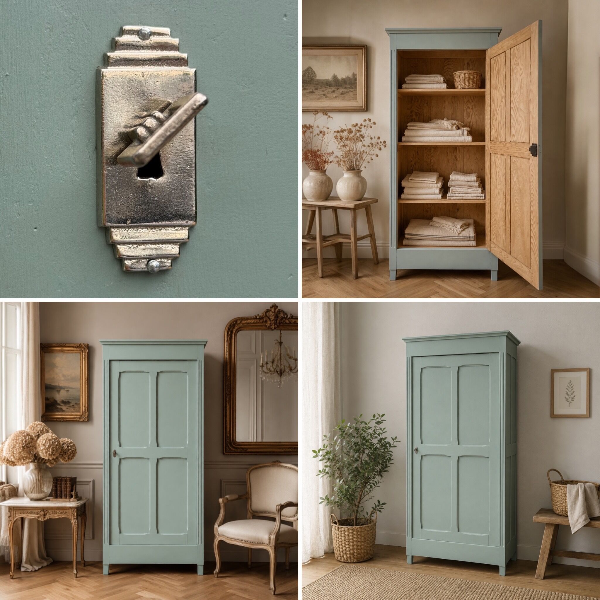 Antique Parisian wardrobe in grey-green solid pine.