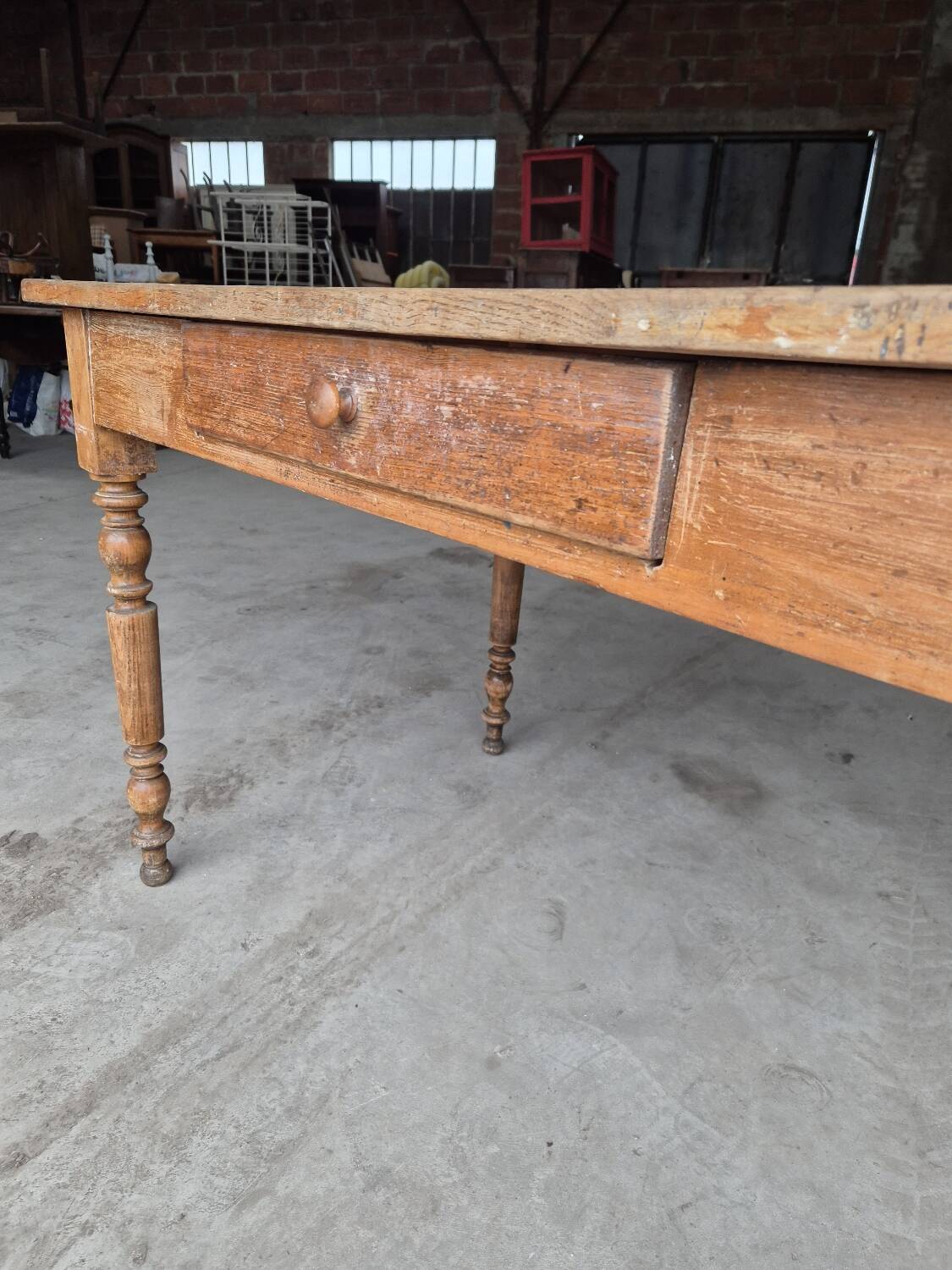 Antique rustic bistro farm table 1900 one drawer - 1m23