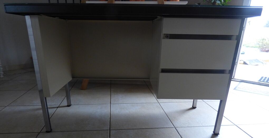 Industrial metal desk from the 70s with three drawers and glass top
