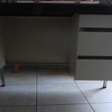Industrial metal desk from the 70s with three drawers and glass top