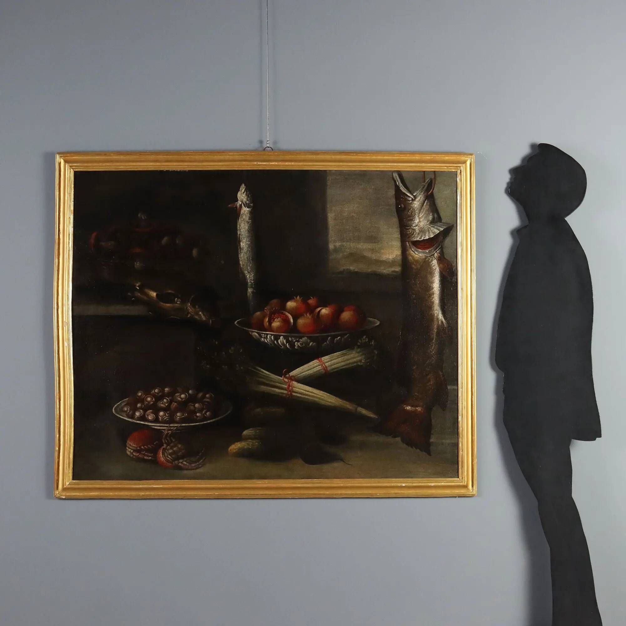 Old painting of still life with fish and snails, oil on canvas from the 1600s.