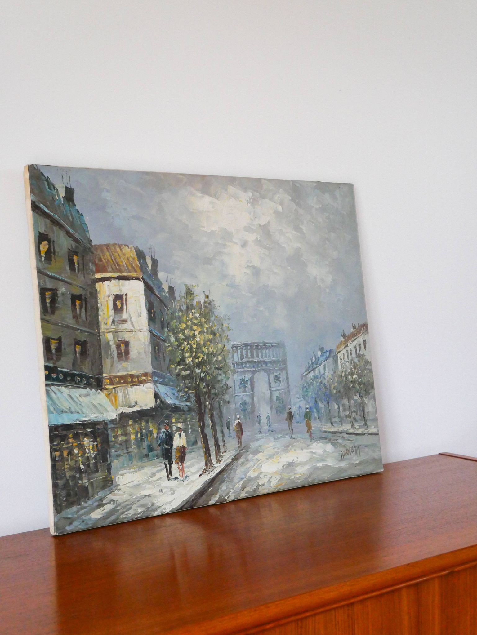 painting / oil on canvas streets of Paris under the snow vintage