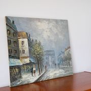 painting / oil on canvas streets of Paris under the snow vintage