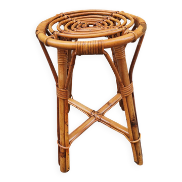 Tabouret vintage en rotin assise à spirale style Bohême France  1950